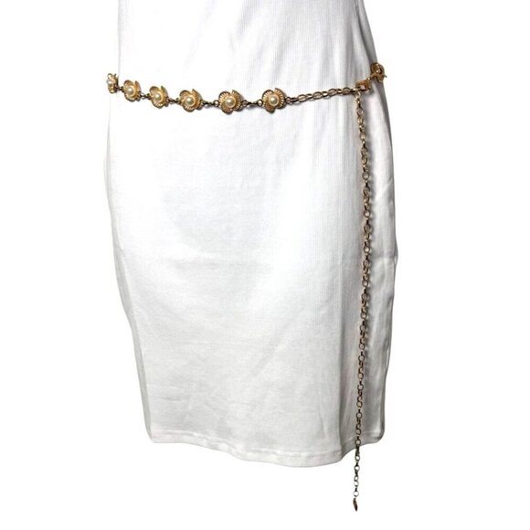 Vintage 80's gold chain belt with pearl flowers clips shut 45" from end to end - Picture 3 of 9